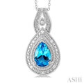 1/20 ctw Pear Cut 9X6 MM Blue Topaz and Round Cut Diamond Split Loop Semi Precious Pendant With Chain in Sterling Silver