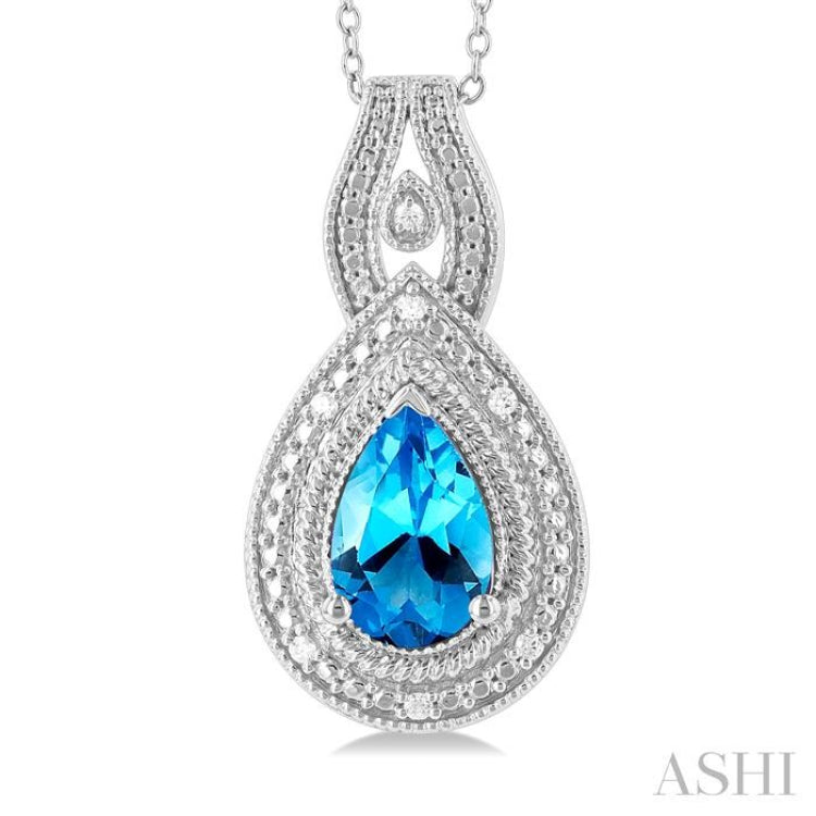 1/20 ctw Pear Cut 9X6 MM Blue Topaz and Round Cut Diamond Split Loop Semi Precious Pendant With Chain in Sterling Silver