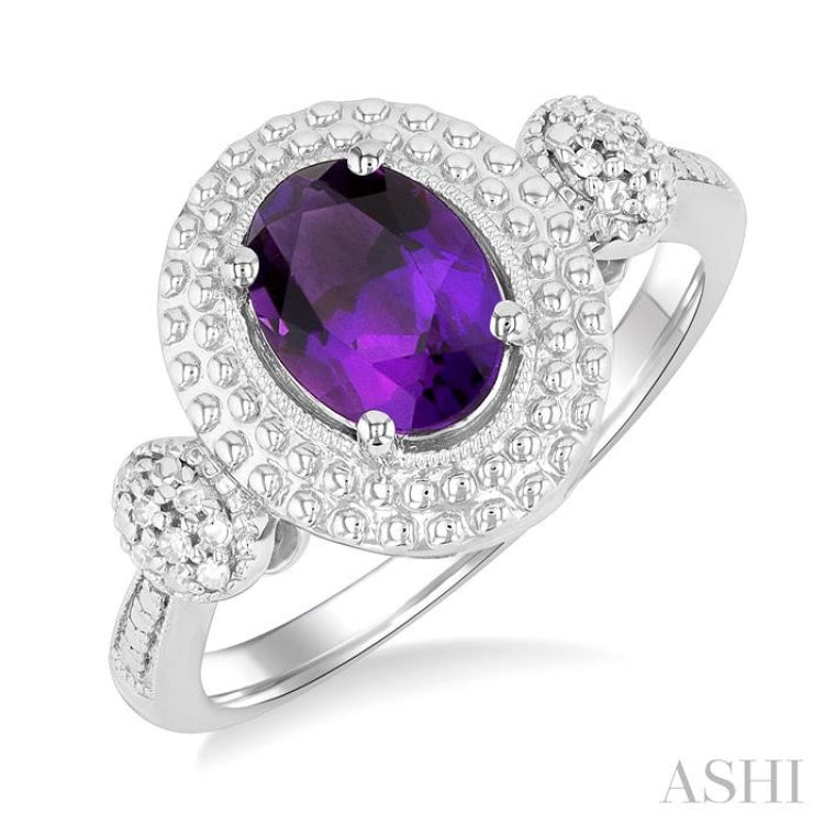 1/20 ctw Oval Cut 8X6MM Amethyst and Round Cut Diamond Semi Precious Ring in Silver