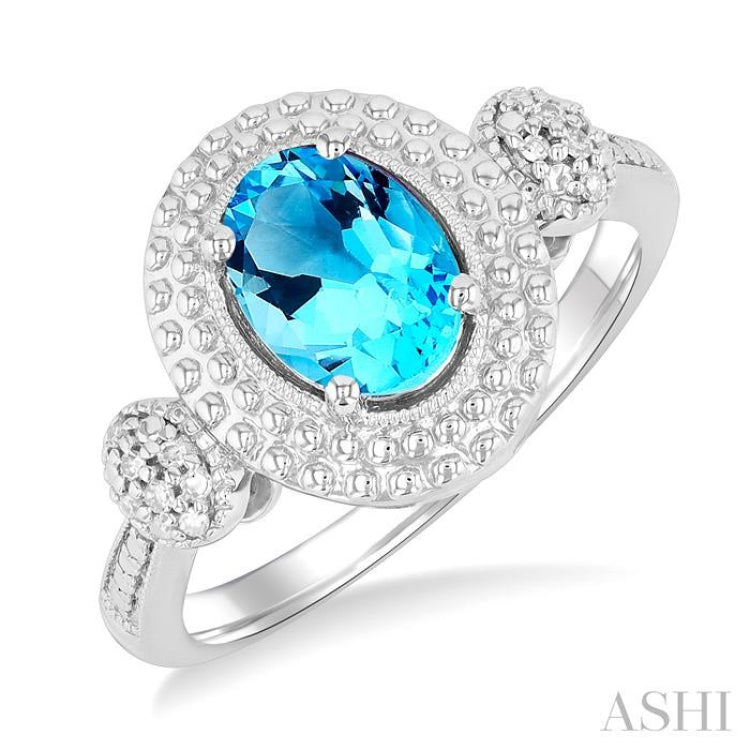 1/20 ctw Oval Cut 8X6MM Blue Topaz and Round Cut Diamond Semi Precious Ring in Sterling Silver