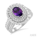 1/20 ctw Oval Cut 9X7MM Amethyst and Round Cut Diamond Semi Precious Ring in Silver