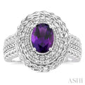 1/20 ctw Oval Cut 9X7MM Amethyst and Round Cut Diamond Semi Precious Ring in Silver