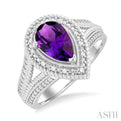 1/20 ctw Pear Cut 9X6MM Amethyst and Round Cut Diamond Semi Precious Ring in Silver