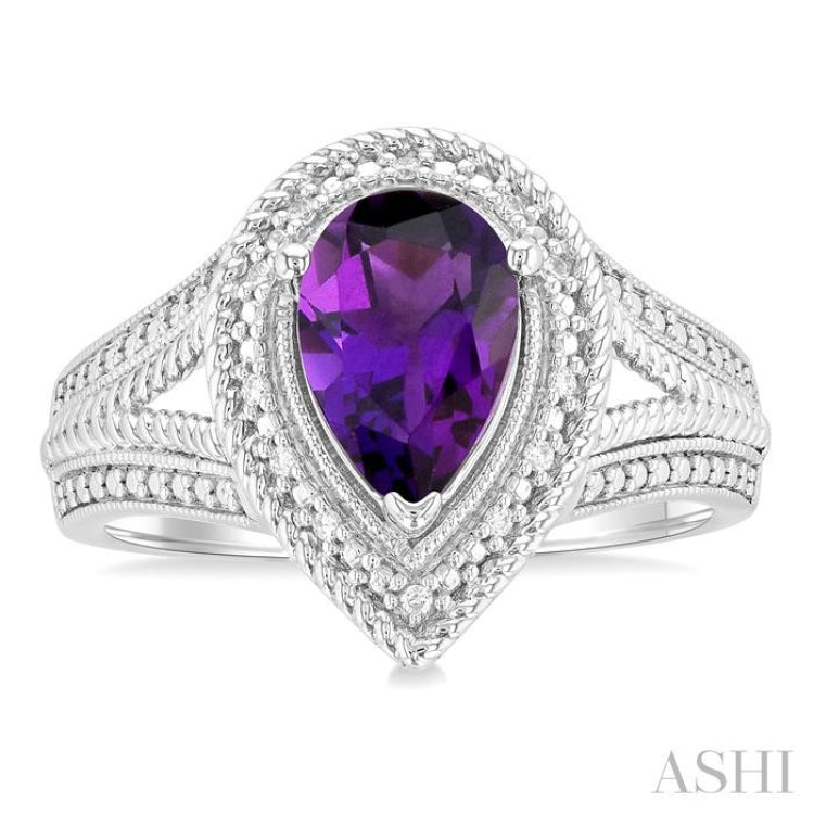 1/20 ctw Pear Cut 9X6MM Amethyst and Round Cut Diamond Semi Precious Ring in Silver