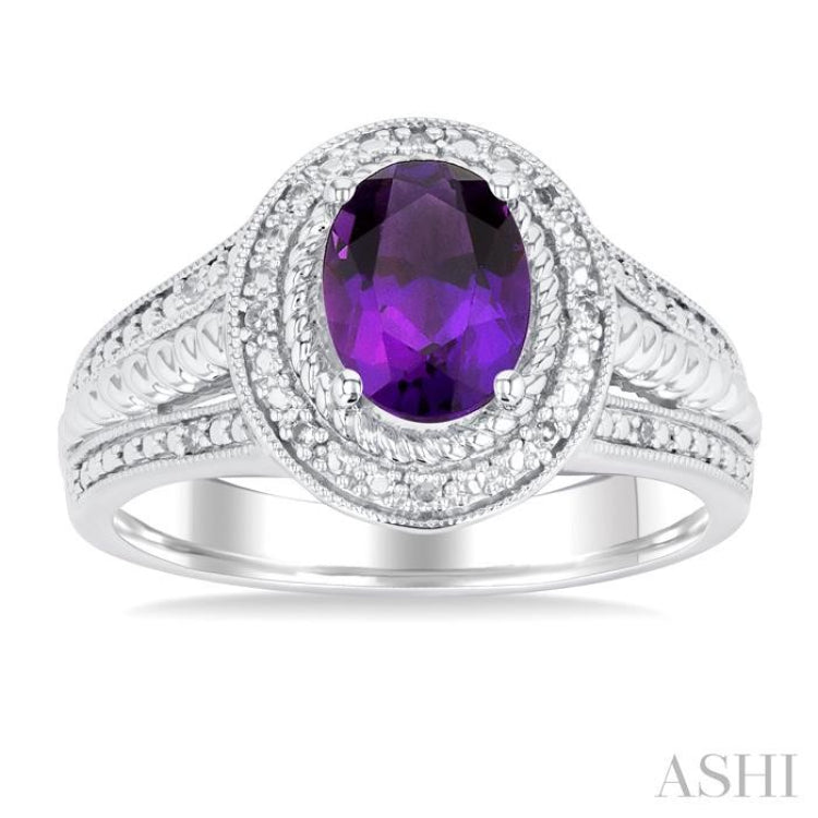 1/20 ctw Oval Cut 8X6 MM Amethyst and Round Cut Diamond Semi Precious Ring in Sterling Silver