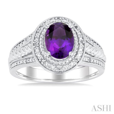 1/20 ctw Oval Cut 8X6 MM Amethyst and Round Cut Diamond Semi Precious Ring in Sterling Silver