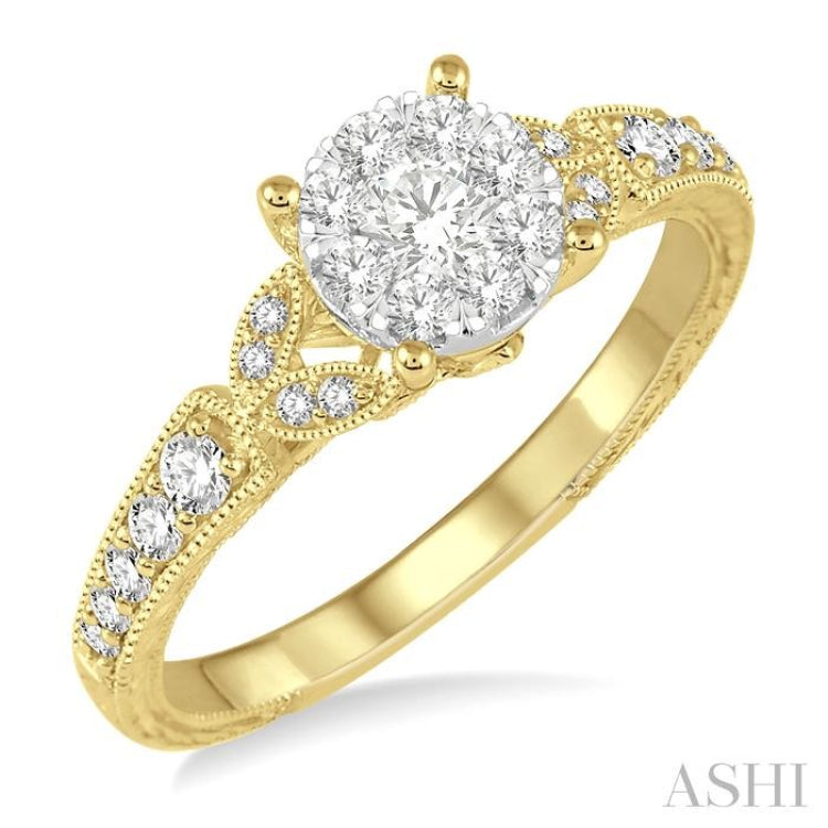 1/2 Ctw Round Cut Diamond Lovebright Engagement Ring in 14K Yellow & White Gold