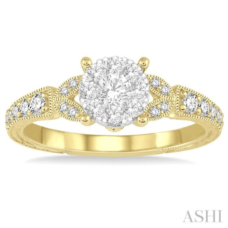 1/2 Ctw Round Cut Diamond Lovebright Engagement Ring in 14K Yellow & White Gold