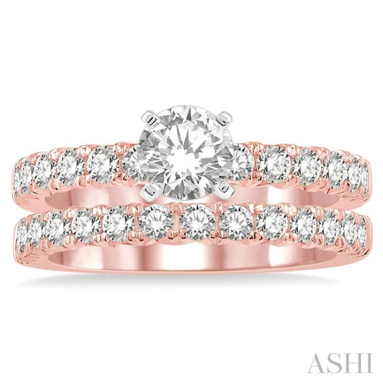 1 1/2 Ctw Diamond Wedding Set With 1 Ctw Round cut Engagement Ring and 1/2 Ctw Wedding Band in 14K Rose And White Gold