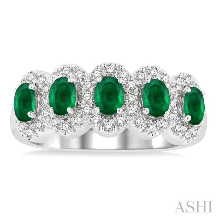 1/3 ctw Oval Cut 4x3 MM Precious Emerald and Round Cut Diamond Wedding Band in 14K White Gold