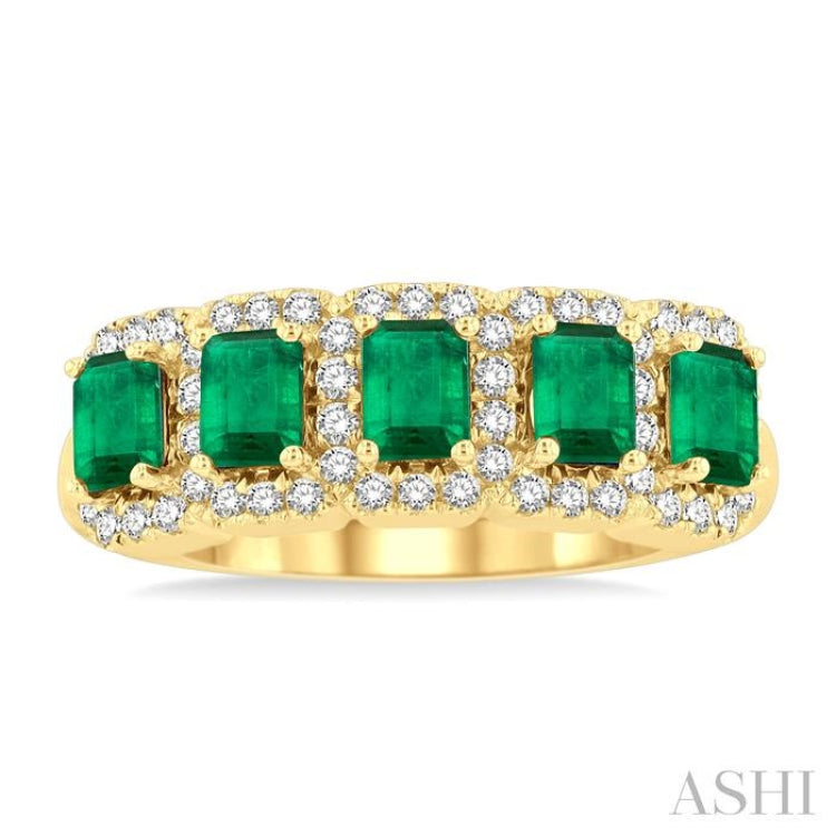 1/2 ctw Octagonal Shape 4x3 MM Precious Emerald and Round Cut Diamond Wedding Band in 14K Yellow Gold