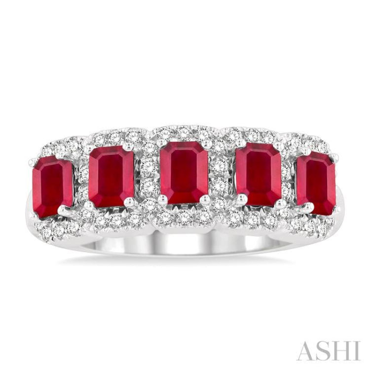 1/2 ctw Octagonal Shape 4x3 MM Precious Ruby and Round Cut Diamond Wedding Band in 14K White Gold