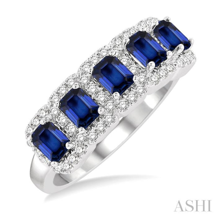 1/2 ctw Octagonal Shape 4x3 MM Precious Sapphire and Round Cut Diamond Wedding Band in 14K White Gold