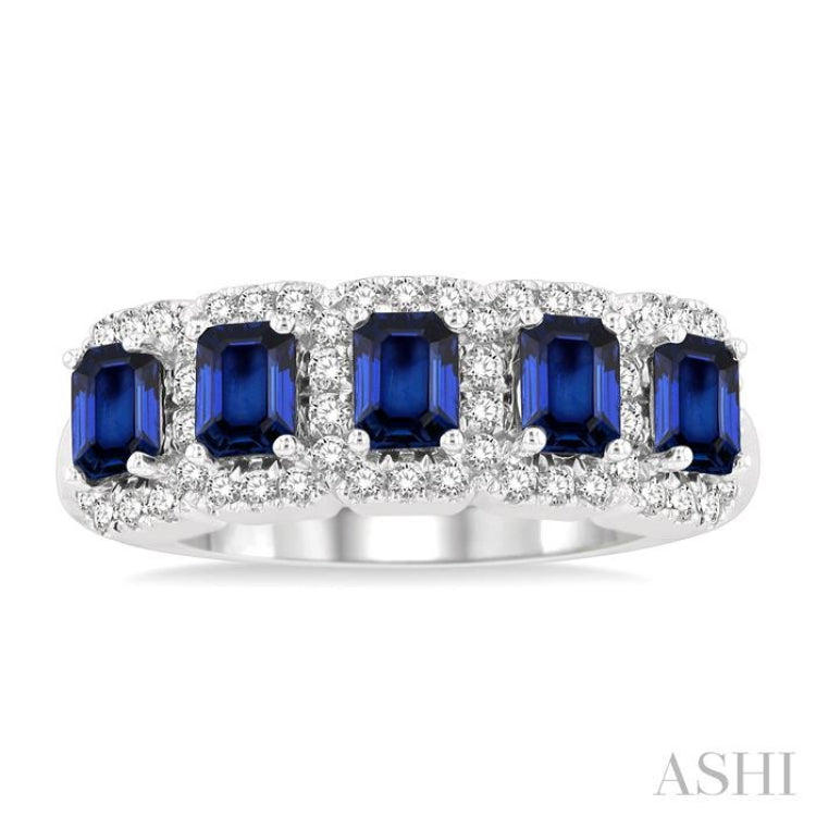 1/2 ctw Octagonal Shape 4x3 MM Precious Sapphire and Round Cut Diamond Wedding Band in 14K White Gold