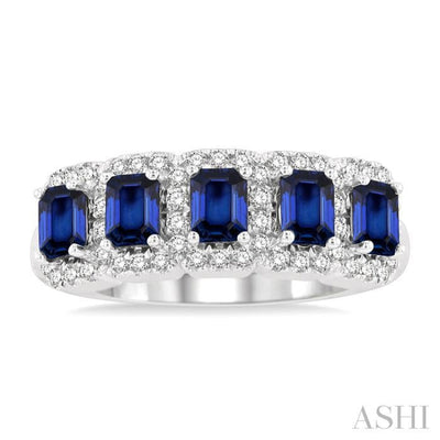 1/2 ctw Octagonal Shape 4x3 MM Precious Sapphire and Round Cut Diamond Wedding Band in 14K White Gold