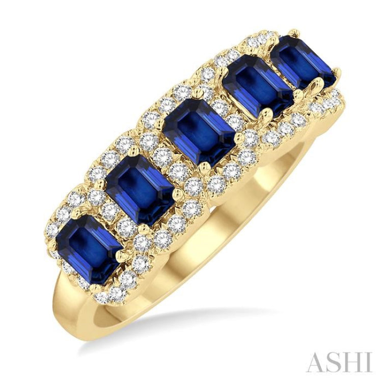 1/2 ctw Octagonal Shape 4x3 MM Precious Sapphire and Round Cut Diamond Wedding Band in 14K Yellow Gold