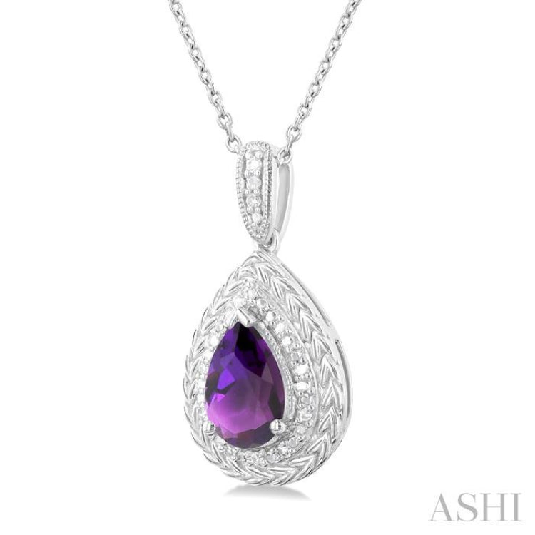 1/20 ctw Pear Cut 9X6 MM Amethyst and Round Cut Diamond Semi Precious Pendant With Chain in Sterling Silver