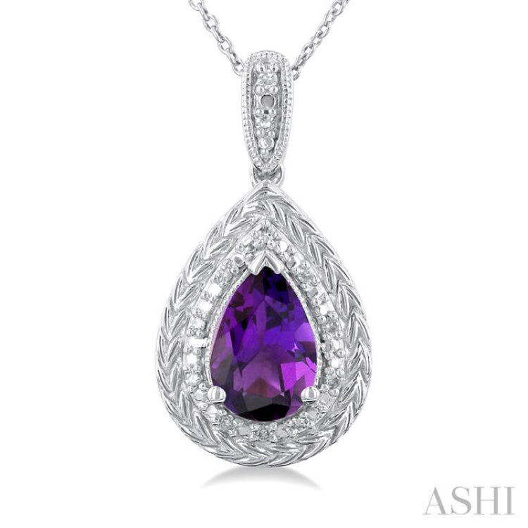 1/20 ctw Pear Cut 9X6 MM Amethyst and Round Cut Diamond Semi Precious Pendant With Chain in Sterling Silver