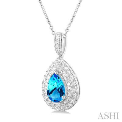 1/20 ctw Pear Cut 9X6 MM Blue Topaz and Round Cut Diamond Semi Precious Pendant With Chain in Sterling Silver