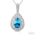 1/20 ctw Pear Cut 9X6 MM Blue Topaz and Round Cut Diamond Semi Precious Pendant With Chain in Sterling Silver