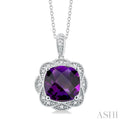 1/20 ctw Cushion Cut 10X10 MM Amethyst and Round Cut Diamond Semi Precious Pendant With Chain in Sterling Silver