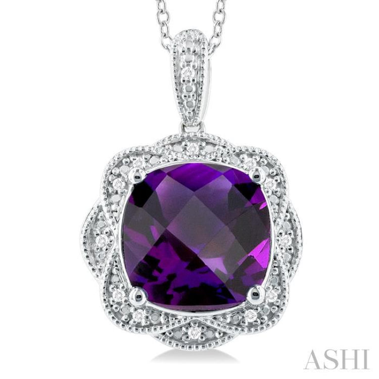 1/20 ctw Cushion Cut 10X10 MM Amethyst and Round Cut Diamond Semi Precious Pendant With Chain in Sterling Silver