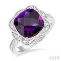 1/20 ctw Cushion Cut 10X10 MM Amethyst and Round Cut Diamond Semi Precious Ring in Sterling Silver