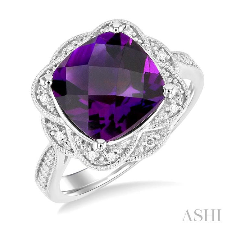 1/20 ctw Cushion Cut 10X10 MM Amethyst and Round Cut Diamond Semi Precious Ring in Sterling Silver