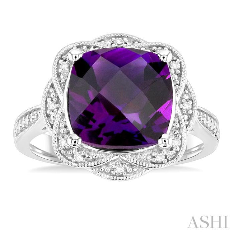 1/20 ctw Cushion Cut 10X10 MM Amethyst and Round Cut Diamond Semi Precious Ring in Sterling Silver