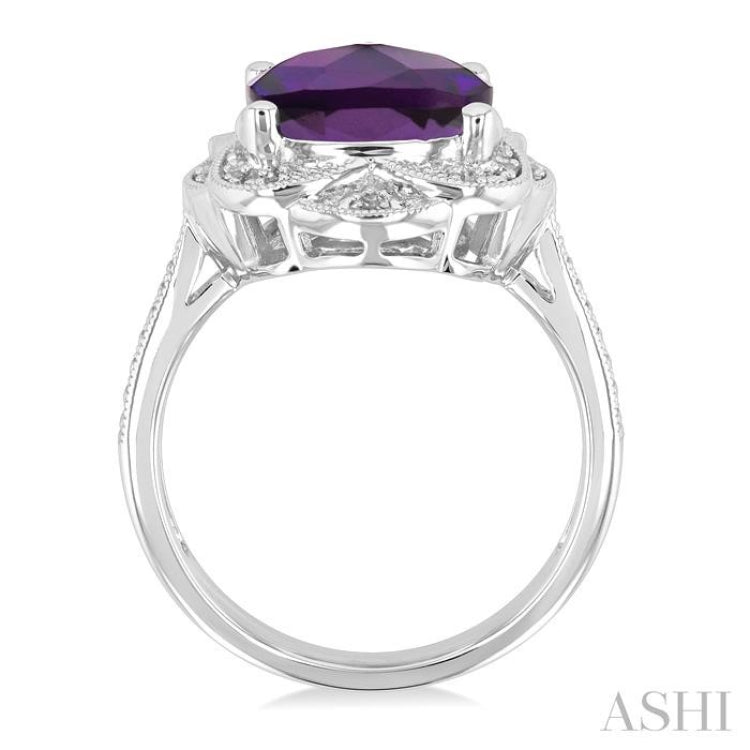 1/20 ctw Cushion Cut 10X10 MM Amethyst and Round Cut Diamond Semi Precious Ring in Sterling Silver