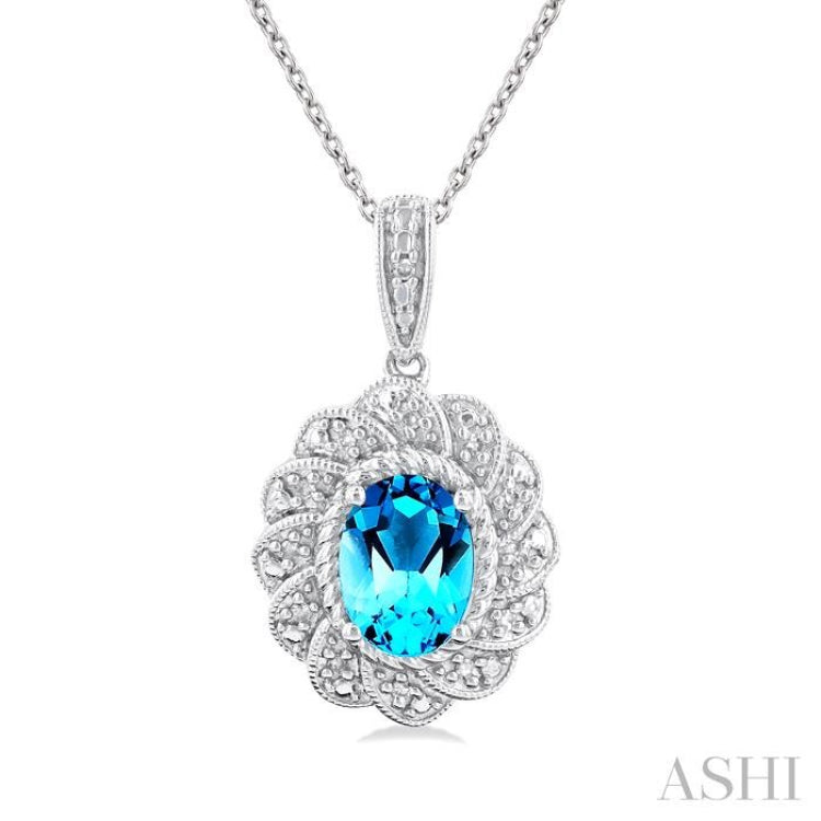 1/20 ctw Oval Cut 8X6 MM Blue Topaz and Round Cut Diamond Semi Precious Pendant With Chain in Sterling Silver