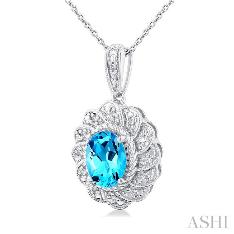 1/20 ctw Oval Cut 8X6 MM Blue Topaz and Round Cut Diamond Semi Precious Pendant With Chain in Sterling Silver