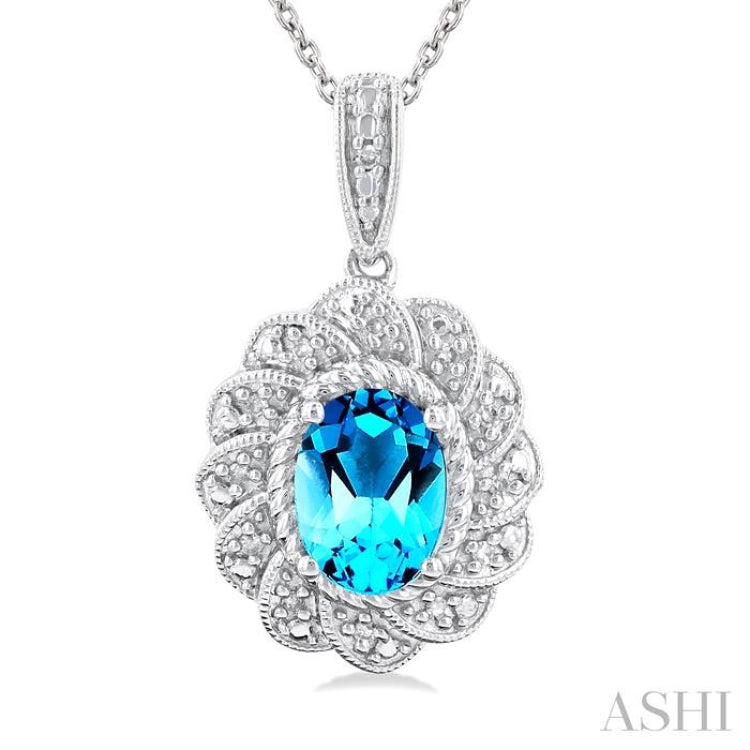 1/20 ctw Oval Cut 8X6 MM Blue Topaz and Round Cut Diamond Semi Precious Pendant With Chain in Sterling Silver