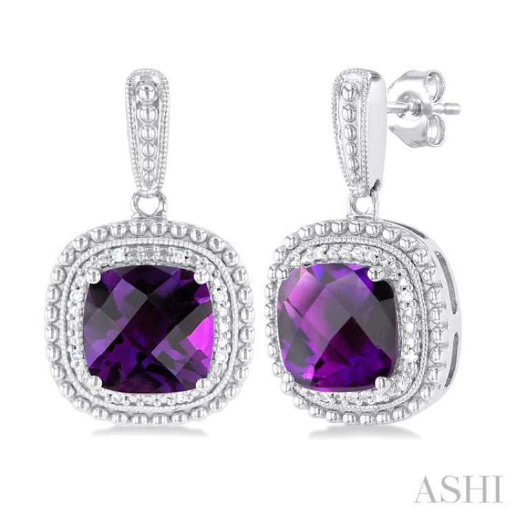 1/20 ctw Cushion Cut 8X8 MM Amethyst and Round Cut Diamond Semi Precious Earring in Sterling Silver