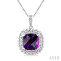 1/20 ctw Cushion Cut 10X10 MM Amethyst and Round Cut Diamond Semi Precious Pendant With Chain in Sterling Silver