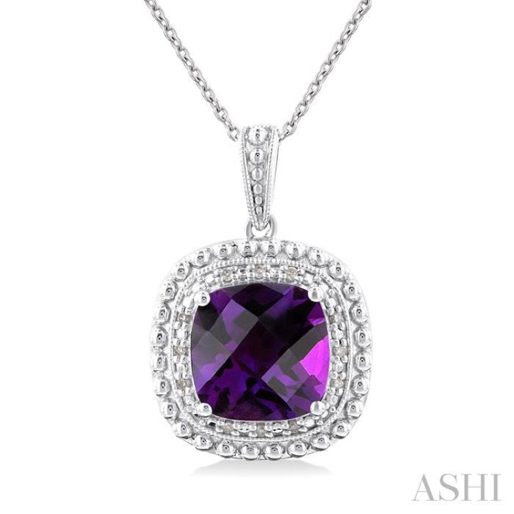 1/20 ctw Cushion Cut 10X10 MM Amethyst and Round Cut Diamond Semi Precious Pendant With Chain in Sterling Silver