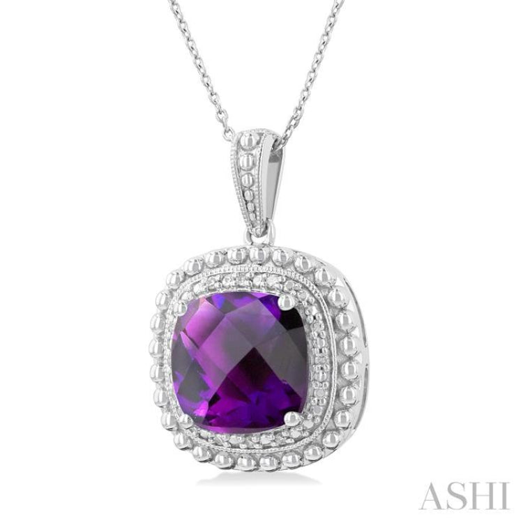 1/20 ctw Cushion Cut 10X10 MM Amethyst and Round Cut Diamond Semi Precious Pendant With Chain in Sterling Silver