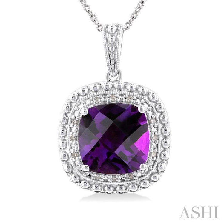 1/20 ctw Cushion Cut 10X10 MM Amethyst and Round Cut Diamond Semi Precious Pendant With Chain in Sterling Silver