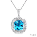 1/20 ctw Cushion Cut 10X10 MM Blue Topaz and Round Cut Diamond Semi Precious Pendant With Chain in Sterling Silver