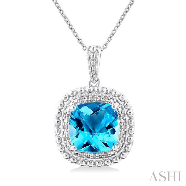 1/20 ctw Cushion Cut 10X10 MM Blue Topaz and Round Cut Diamond Semi Precious Pendant With Chain in Sterling Silver