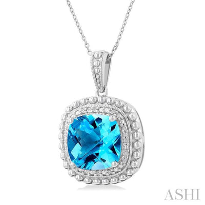 1/20 ctw Cushion Cut 10X10 MM Blue Topaz and Round Cut Diamond Semi Precious Pendant With Chain in Sterling Silver