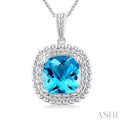 1/20 ctw Cushion Cut 10X10 MM Blue Topaz and Round Cut Diamond Semi Precious Pendant With Chain in Sterling Silver