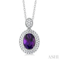 1/20 ctw Oval Cut 8X6 MM Amethyst and Round Cut Diamond Semi Precious Pendant With Chain in Sterling Silver