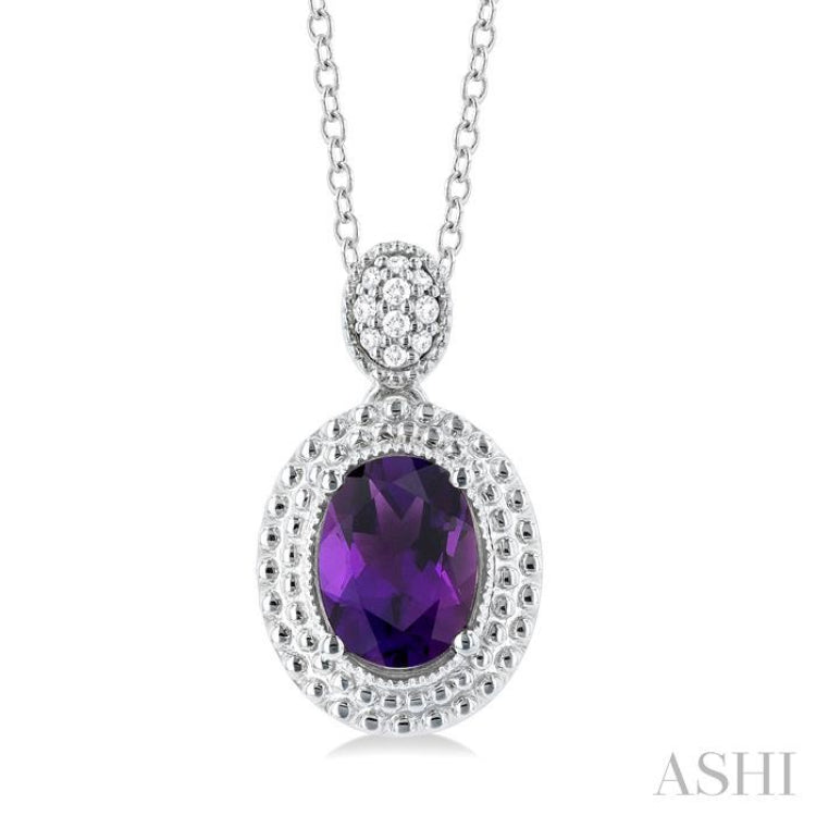 1/20 ctw Oval Cut 8X6 MM Amethyst and Round Cut Diamond Semi Precious Pendant With Chain in Sterling Silver