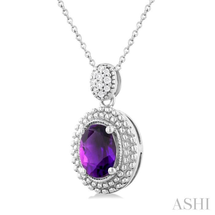 1/20 ctw Oval Cut 8X6 MM Amethyst and Round Cut Diamond Semi Precious Pendant With Chain in Sterling Silver