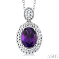 1/20 ctw Oval Cut 8X6 MM Amethyst and Round Cut Diamond Semi Precious Pendant With Chain in Sterling Silver