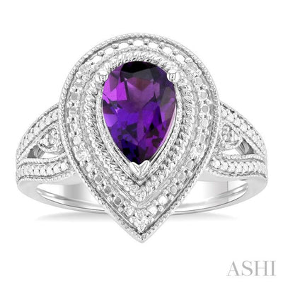 1/20 ctw Pear Cut 9X6 MM Amethyst and Round Cut Diamond Semi Precious Ring in Sterling Silver