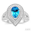 1/20 ctw Pear Cut 9X6 MM Blue Topaz and Round Cut Diamond Semi Precious Ring in Sterling Silver