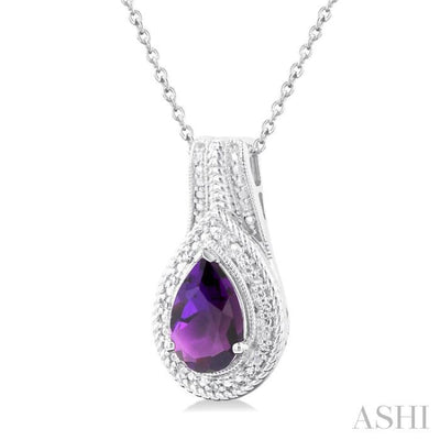 1/20 ctw Pear Cut 9X6 MM Amethyst and Round Cut Diamond Waterfall Loop Semi Precious Pendant With Chain in Sterling Silver