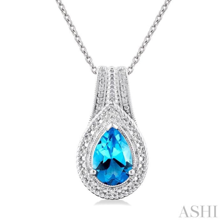 1/20 ctw Pear Cut 9X6 MM Blue Topaz and Round Cut Diamond Waterfall Loop Semi Precious Pendant With Chain in Sterling Silver